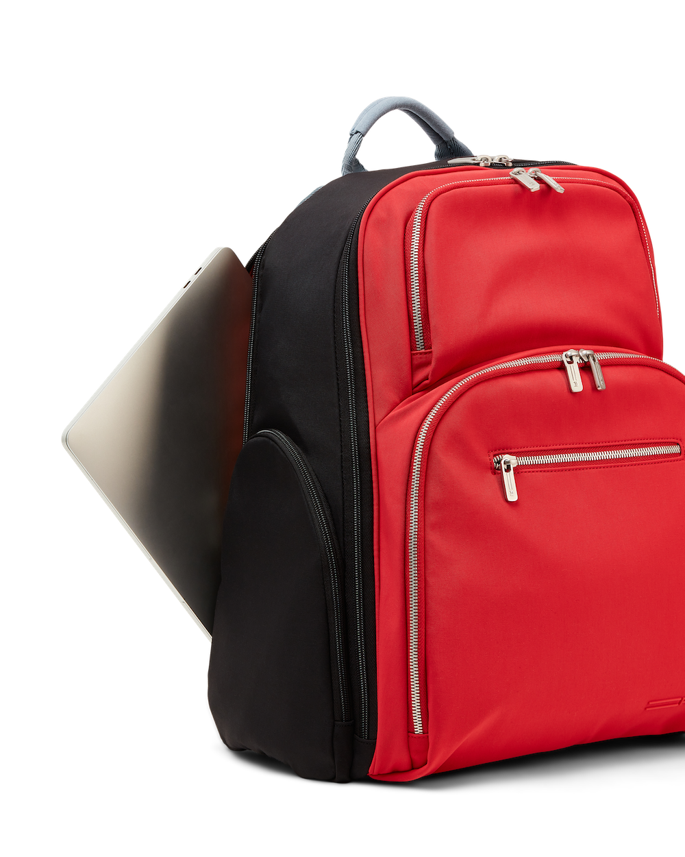 red backpack with laptop